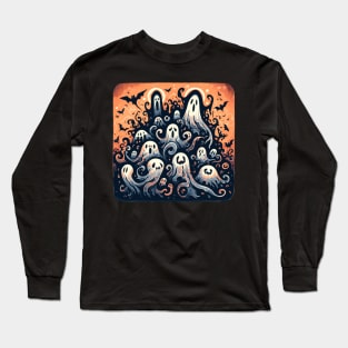 Funny Halloween Ghosts Pattern and Bats Long Sleeve T-Shirt